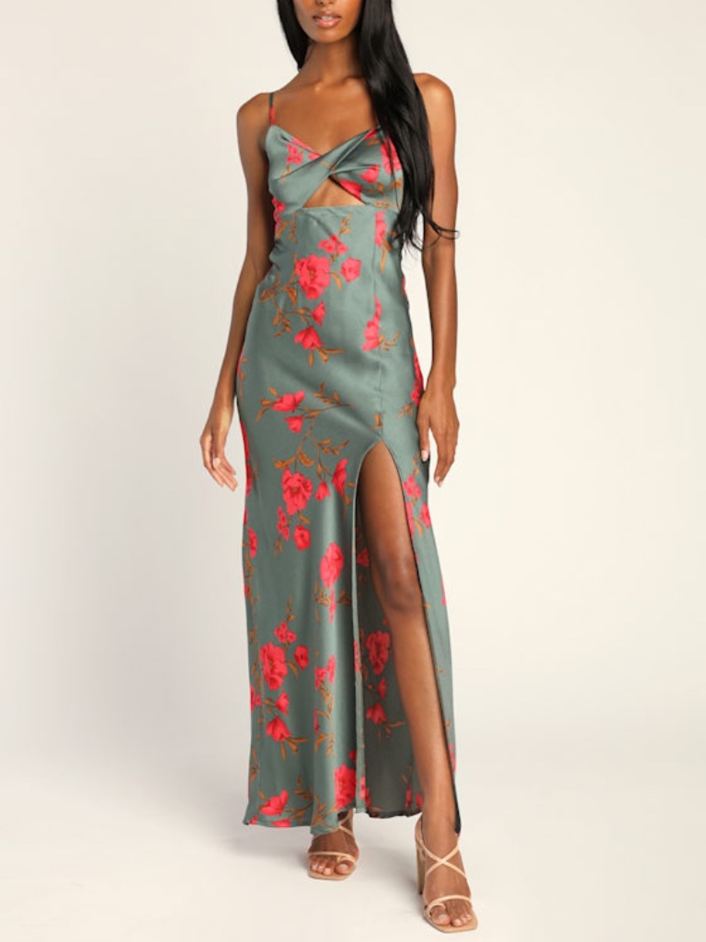 Lulu's Sage Green Maxi Dress with Red Floral Print